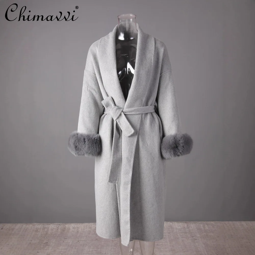 

Korean Version Elegant Fashion Temperament Overcoat Fox Fur Spliced Long Sleeve Wool Coat Women Winter Long Jacket Outerwear