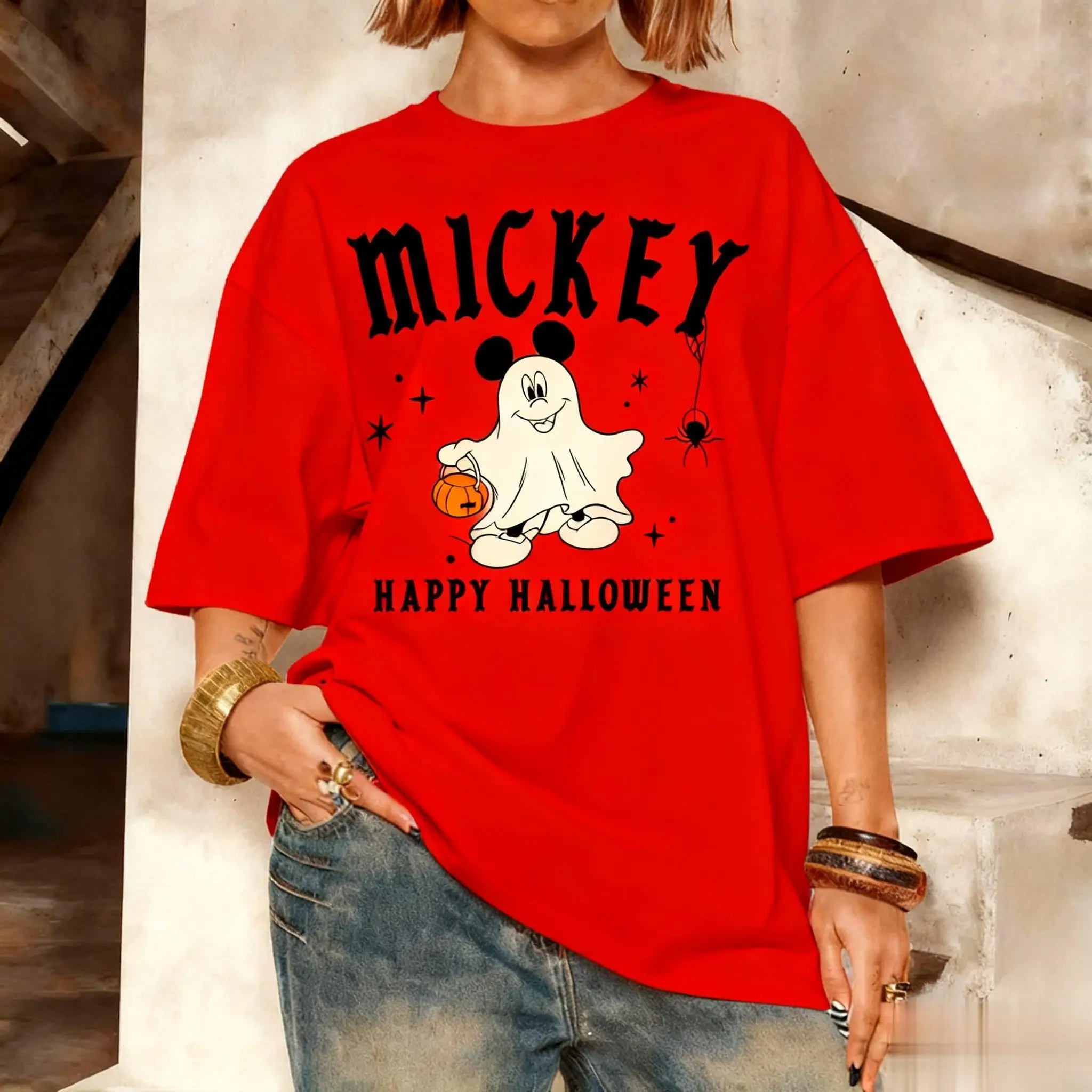 Mickey traje de halloween t camisa das mulheres dos homens 2025 outono solto streetwear oversized casual topo engraçado dos desenhos animados impressão disney presente ​ ​