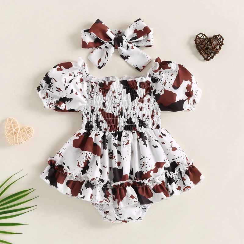 2023-02-17 Lioraitiin 0-24M Baby Girls Summer Bodysuit Short Sleeve Off-shoulder Spots Printed Dress with Headband