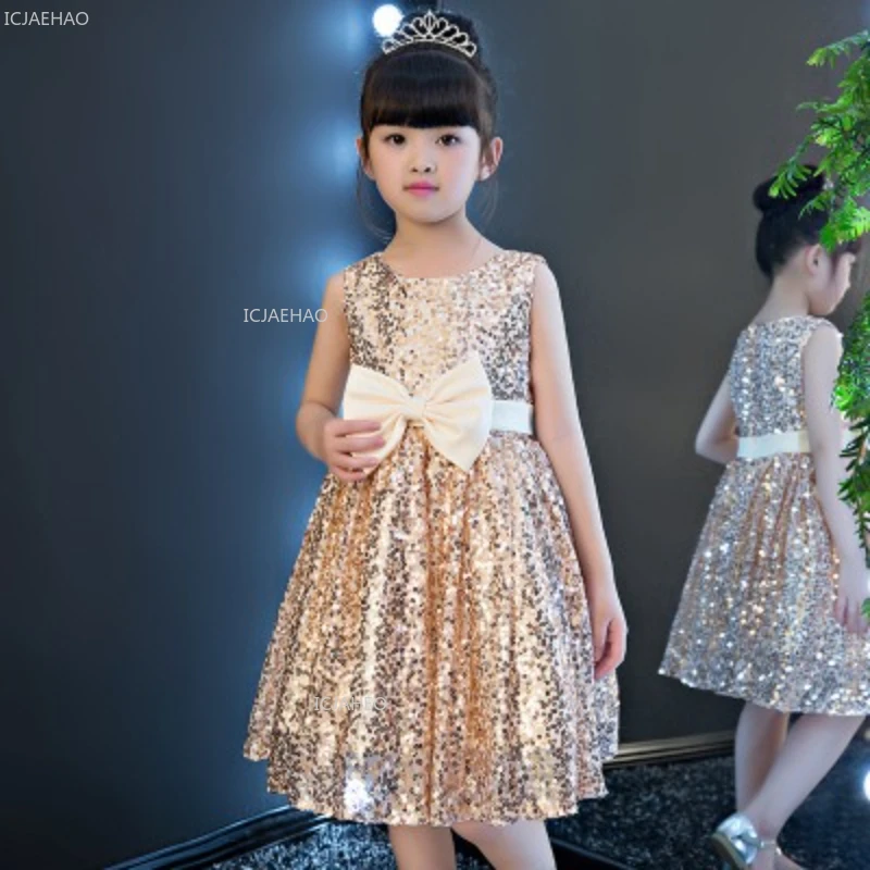 Girls Birthday Party Dress Silver Sequin Flower Girl Children Tutu Princess Gown for Wedding Pageant Dance Piano Recital Dresses