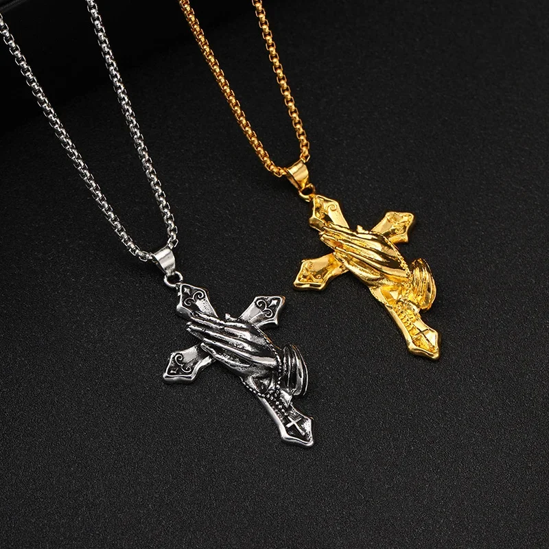 

The Praying Hands Pendant Stainless Steel Necklace For Men Women Gold/Silver Color Metal Cross Choker Religious Jewelry