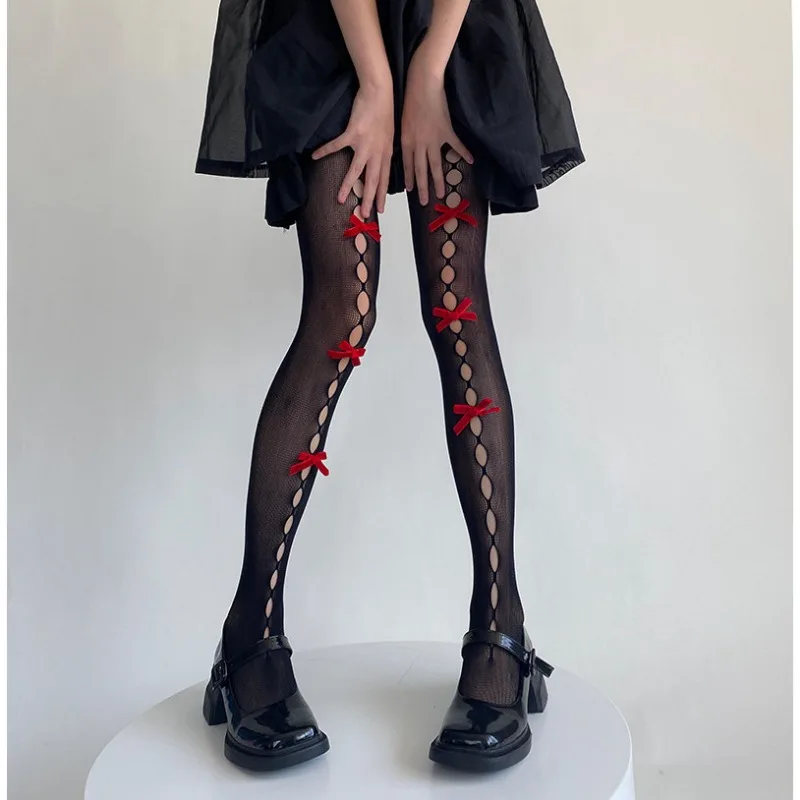 Women\'s Three Bowknot Tights Hollowed-out Fishnet Stockings Mesh Summer Thin Velvet Bow Lolita Japanese Y2k Girls Pantyhose