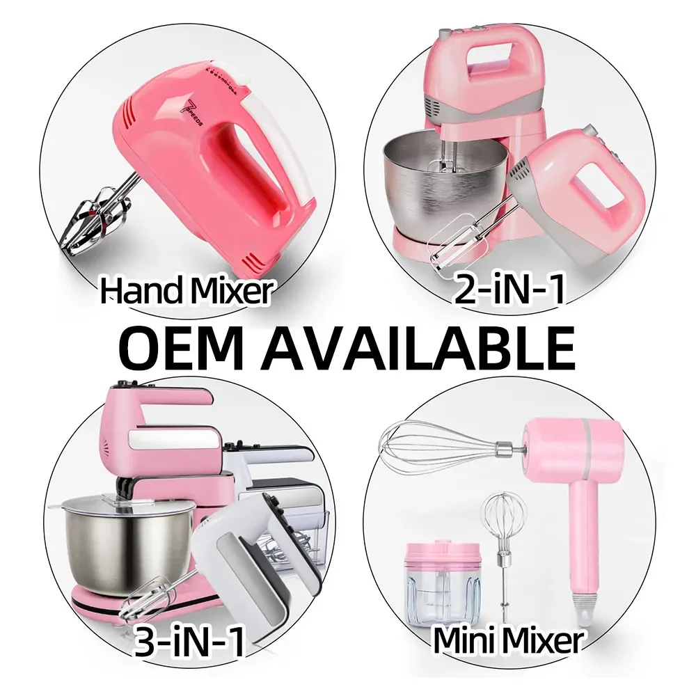 Home Kitchen Appliance Rose Pink 250W Rosapink Dough Cake Egg Beater Electric Table Stand Hand Held Food Mixer with Mixing Bowl