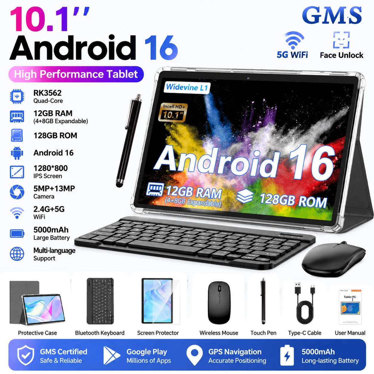 KOOMDIGI W30Pro Android 16 Tablet 10 Inch Display Touch Screen 12(4GB + 8GB Expand)RAM, 128GB ROM + Support 1TB TF Expanded(not Include TF Card) WIFI, 5000mAh Battery Type-C Charging, with Case (Keyboard, Wireless Mouse, Pen) Can Optional