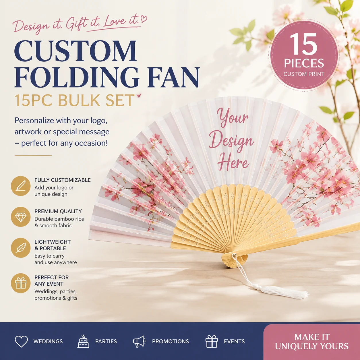 15Pcs Custom Folding Hand Fan Personalized Bamboo Wood Fans Bulk Wedding Favors Party Gifts Bridal Decor Summer Pocket Handfan