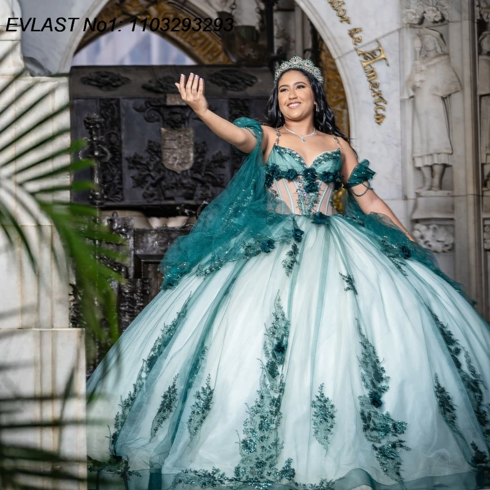 

EVLAST Customized Shiny Green Ball Gown Quinceanera Dress Lace Applique Beading Corset Cape Sweet 16 Vestidos De 15 Anos E1QN300