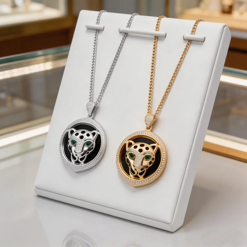 Vintage Fashion Style Necklace Cubic Zircon Green Eyes Leopard Panther Round Pendant Dinner Party Jewelry