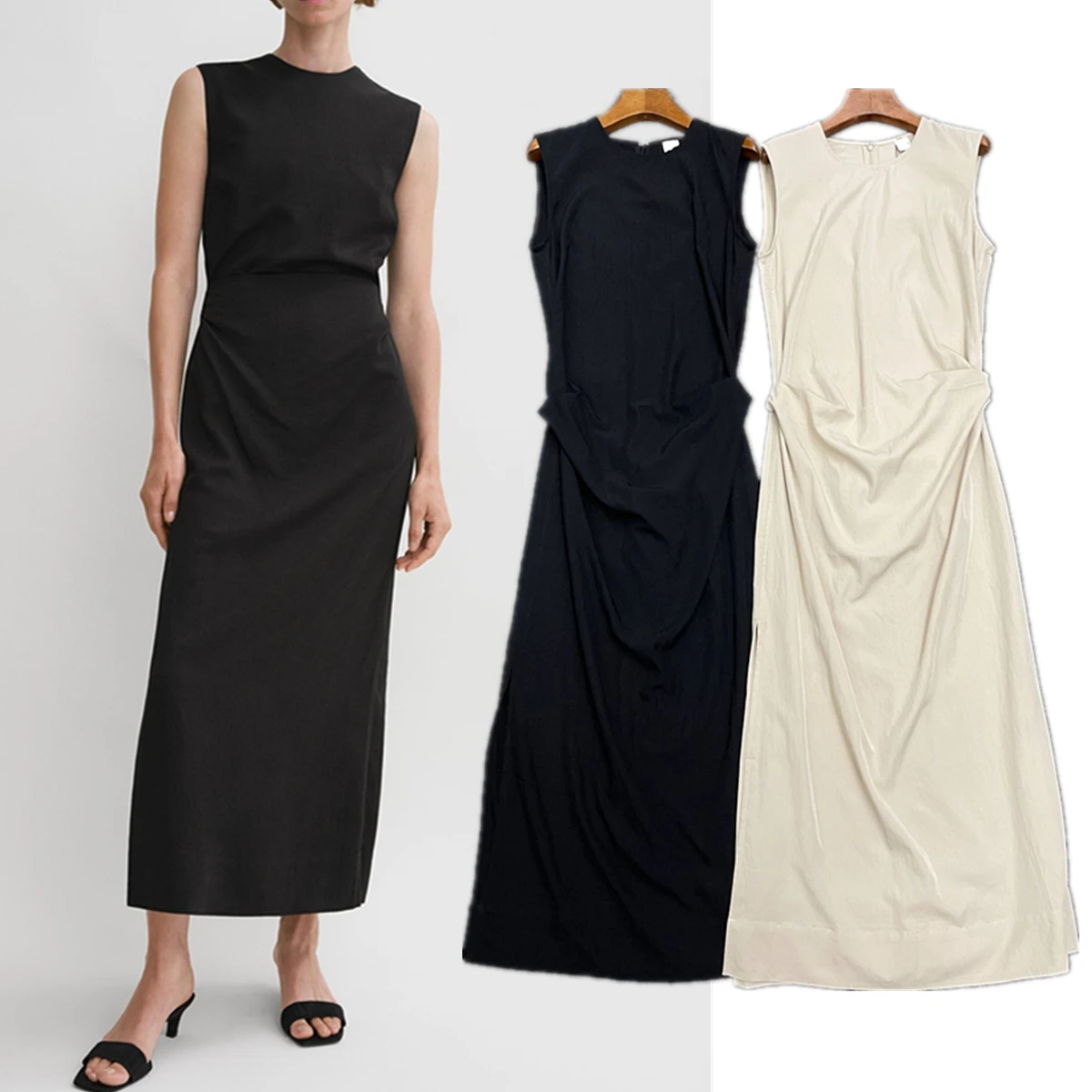 

Maxdutti French Minimalist Long Collect Waist Dress Women Elegant Commuter Dress For Summer Sleeveless Dress