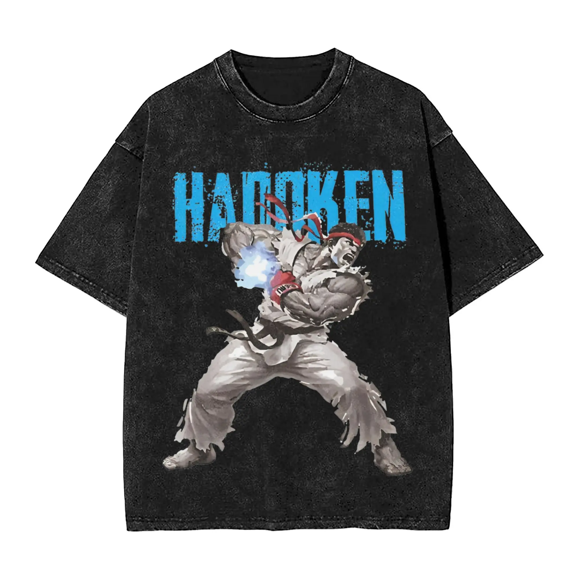 Washed T Shirt Hadoken Retro T-Shirt High Street Streets Fighters Streetwear Short Sleeve Summer Tops Tee Shirt for Men Women