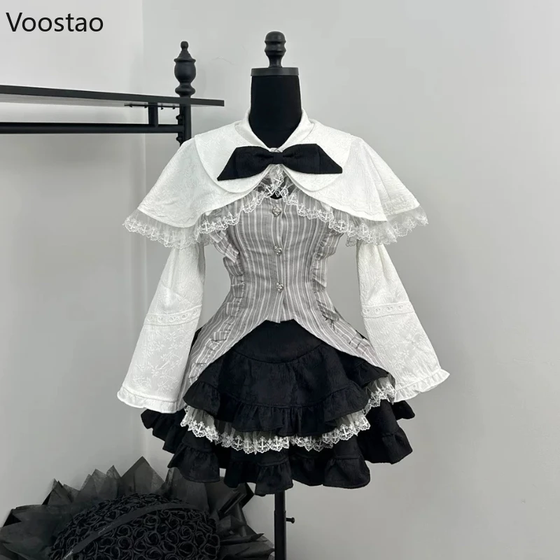 Gothic Lolita Style 4 Piece Set Women Y2k Bow Cloak Coat Stripe Vest Tops Lace Ruffle Cake Mini Skirt Suit Japanese Cute Outfits