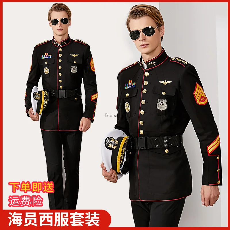 

Sailor Captain US Style Black Dress Security Guard Uniform Commander Officer Outfit Streetwear Men Costume Traje Hombre Suit