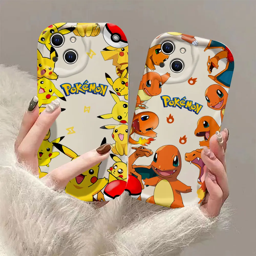 

3D Wave Phone Case For Samsung P-PokemonS Galaxy S24 S23 S21 FE Plus S-squirtleS Ultra 5G Soft Silicone Back C-Charmanders Cover