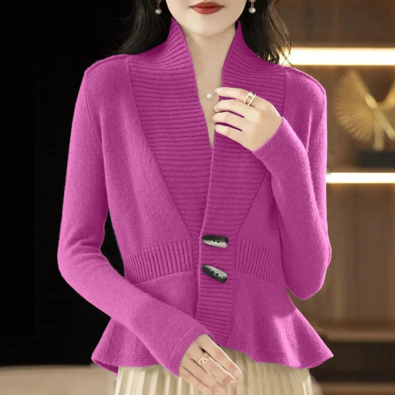 Elegant Purple Spring and Autumn Sweaters Cardigan Fashionable Women\'s 2024 New Winter V-Neck Knitted Coat Blue Green Jacket Top