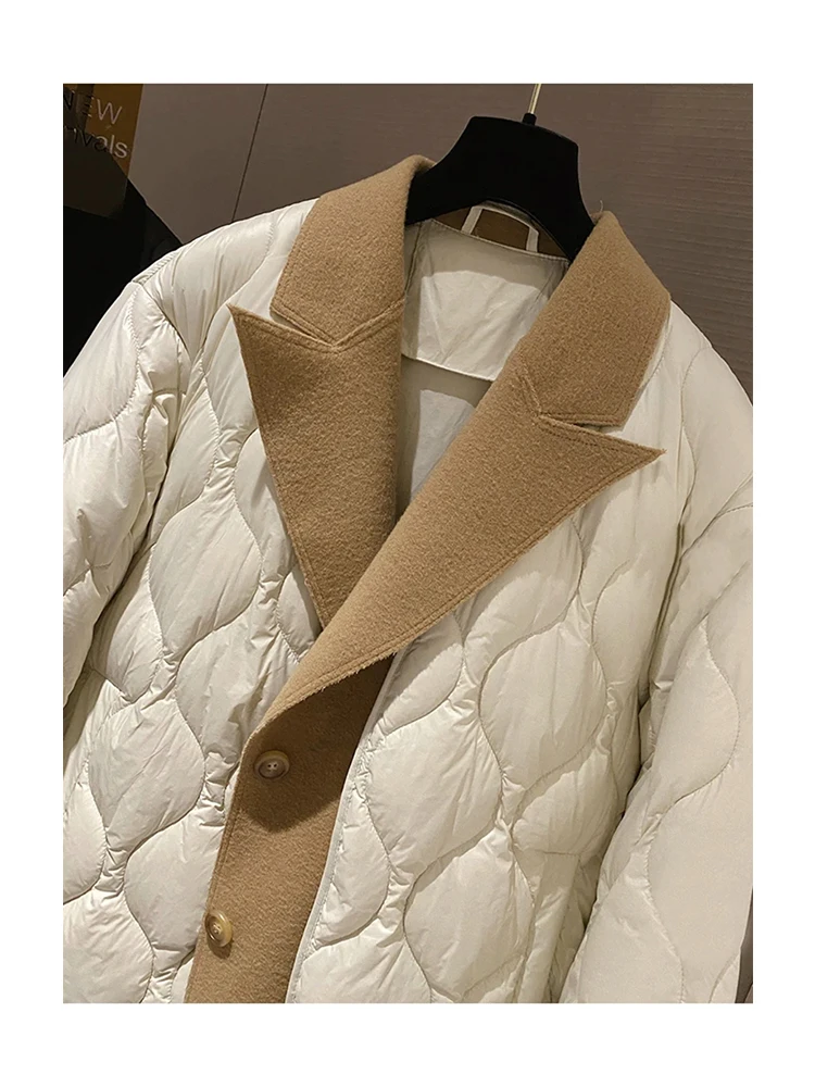 Korean Style Winter Jackets For Women All-match Loose Spliced Notched Neck Outwear Single Breasted Lady Daily Clothing Ins Hot