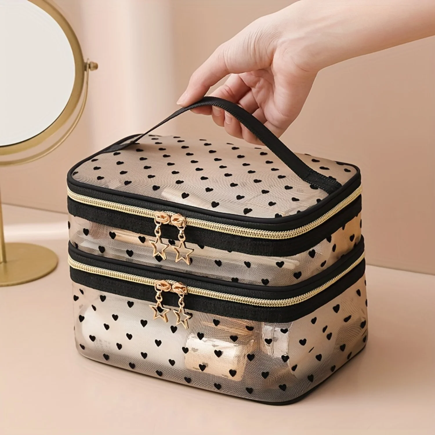 Valentine's Day Heart Pattern Double Layer Makeup Bag - Lightweight Travel Toiletry Wash Bag