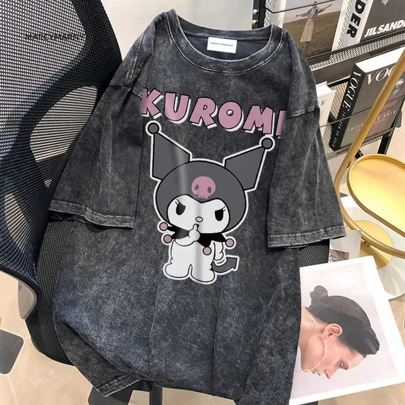 Sanrio Kuromi Graphic T Shirts Kpop Clothes Women American Retro Oversized Tshirts Y2k Streetwear Trend Tops Couples Summer Tees