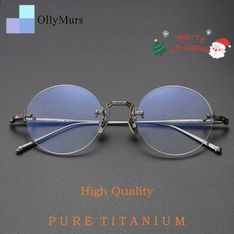 OLLYMURS Ultralight Pure Titanium Luxury Rimless Glasses Men Retro Round Optical Prescription Simple Women's Eyeglasses Frame