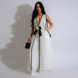 Women's Summer Fashion Sexy Two-piece Set, Camellia Bow Sleeveless Spell Color Long Sundress Solid Color Wide Leg Trouser Set