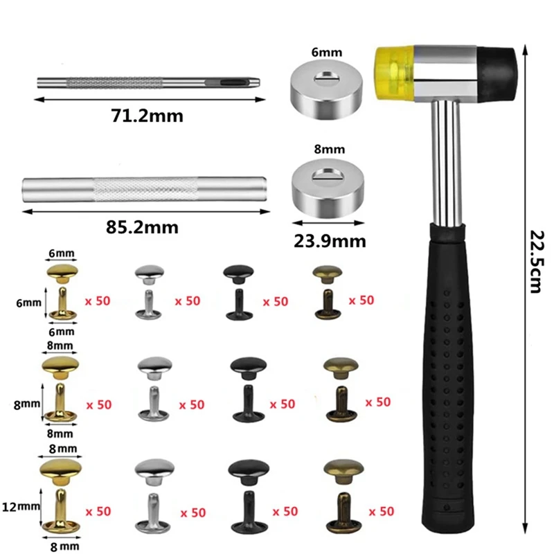 Remaches de cuero de doble tapa, Kit de remaches de cuero con perforadora hueca, herramienta de perforación y martillo de goma, Multicolor, 600 piezas