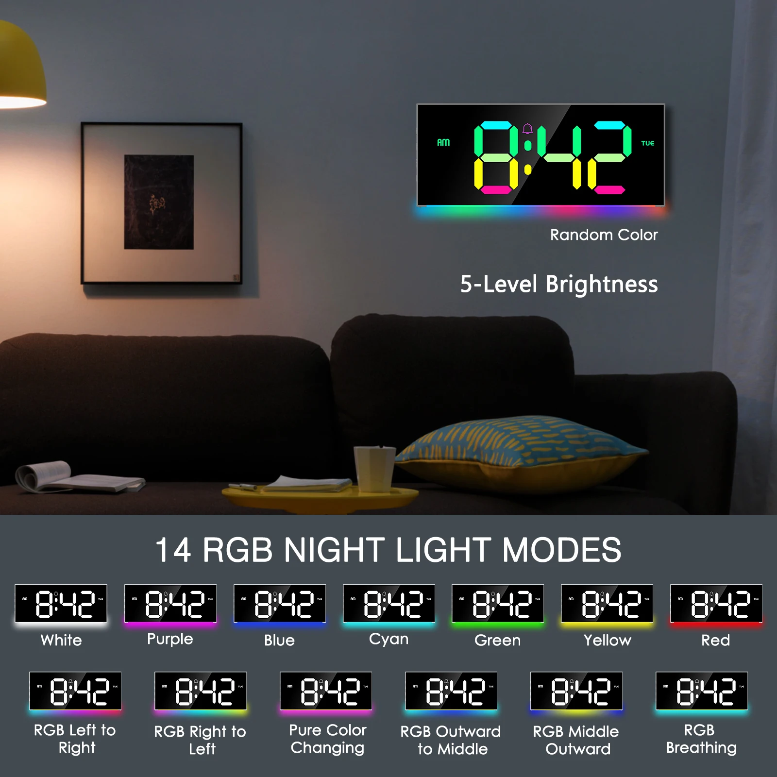 ORIA Digital Wall Clock 12" Large Display RGB Colorful Alarm Clock with Remote Control for Living Room, Gym view 5