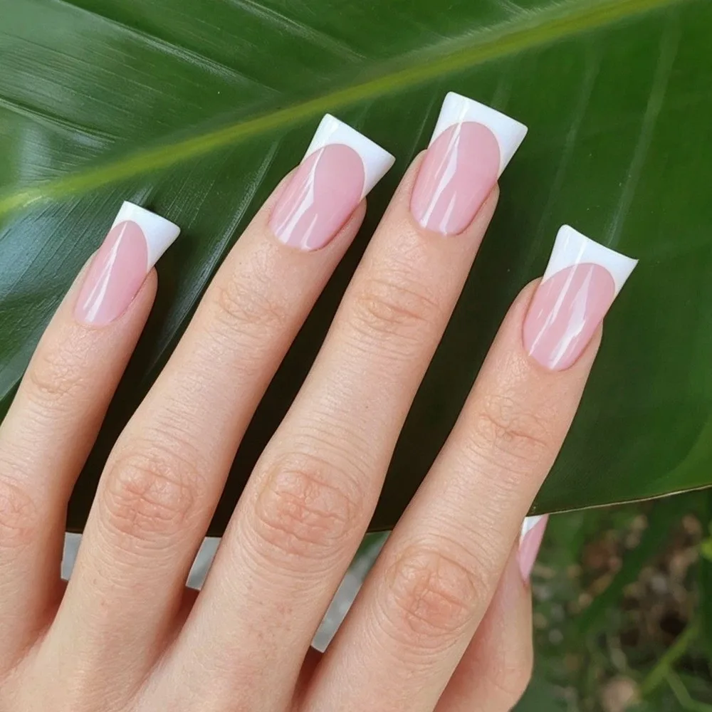Finished Detachable Press On Nails Medium Length White/Pink Duckbill Fake Nails Tips French Style French Acrylic False Nails