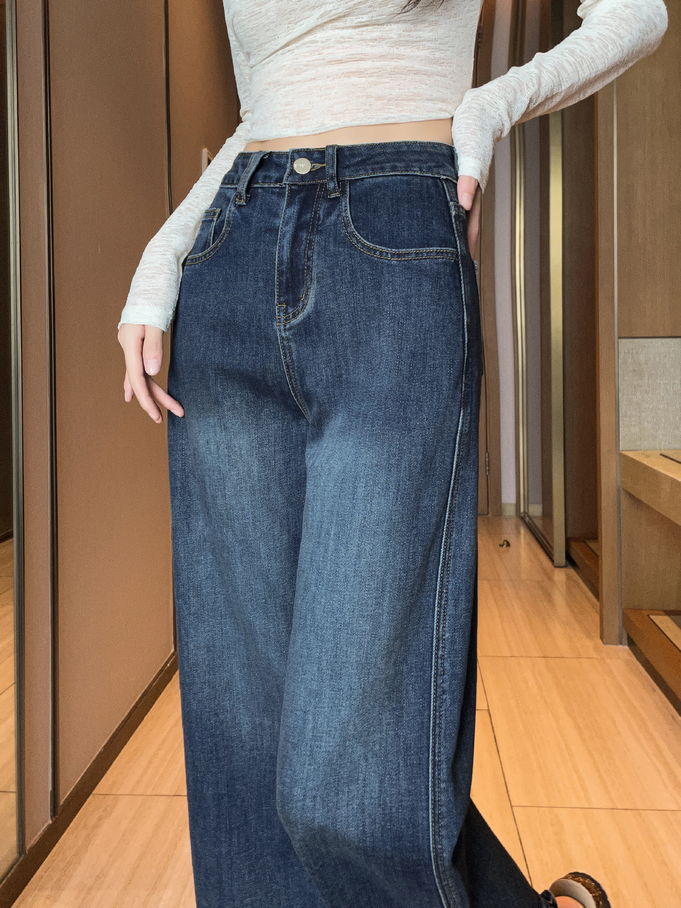 Niebieskie dżinsy z falbanką na dole, damskie, z wysokim stanem, wyszczuplające, proste, długość 7/8, spodnie z szerokimi nogawkami, nowość na zimę, eleganckie, do pracy.