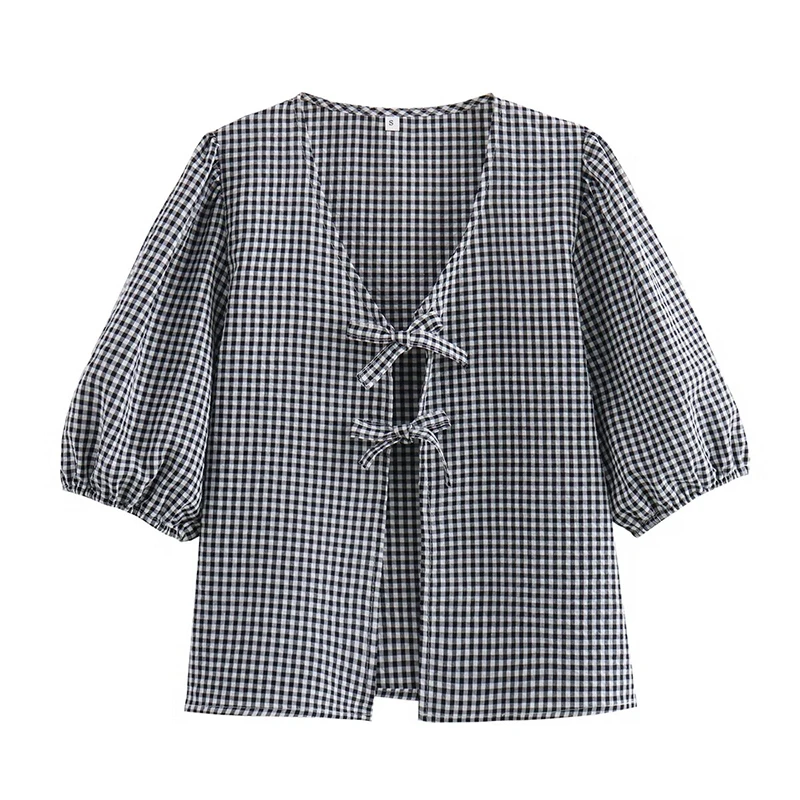 

YENKYE Bow Lace Up Plaid Shirt Women Vintage Puff Sleeve V Neck Female Summer Blouse Casual Tops rope de mujer