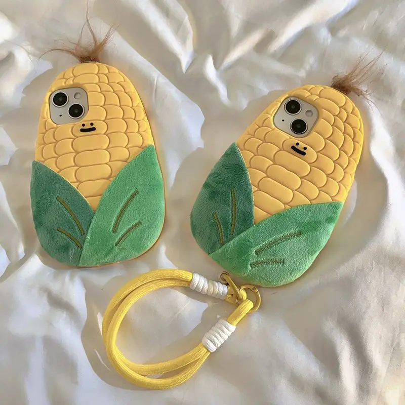 

Phone Case For iphone 16 15 14 13 Pro Max New INS Creative Funny Plush Corn Shape Soft Anti-drop Protective Cover With Lanyard