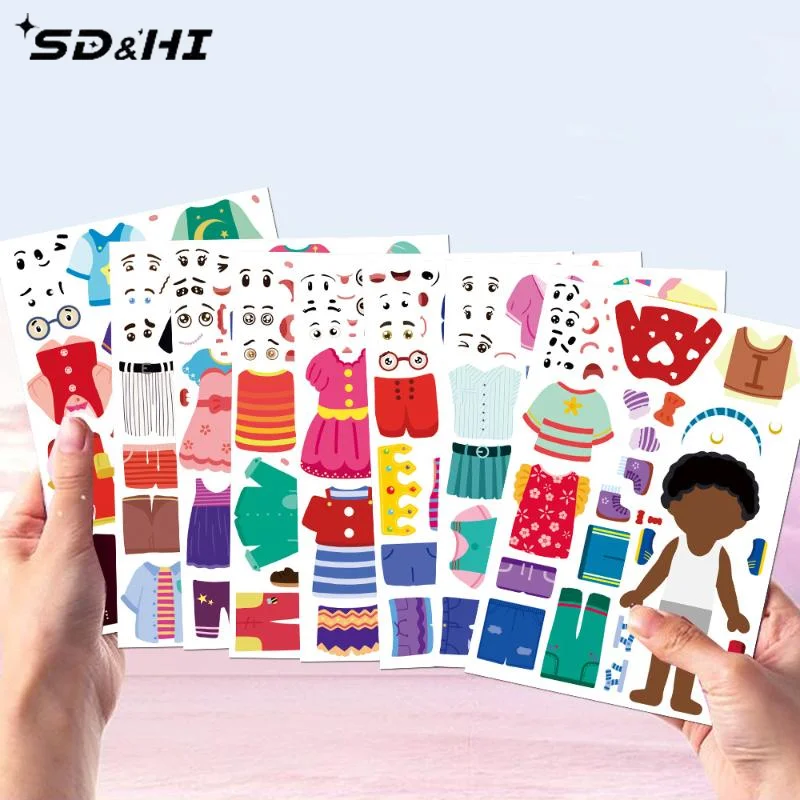 8Pcs Cute Dress Up Puzzle Stickers Cartoon Creative Fun Handbook Character Jigsaw Education Stickers Toys Decoration Sticker