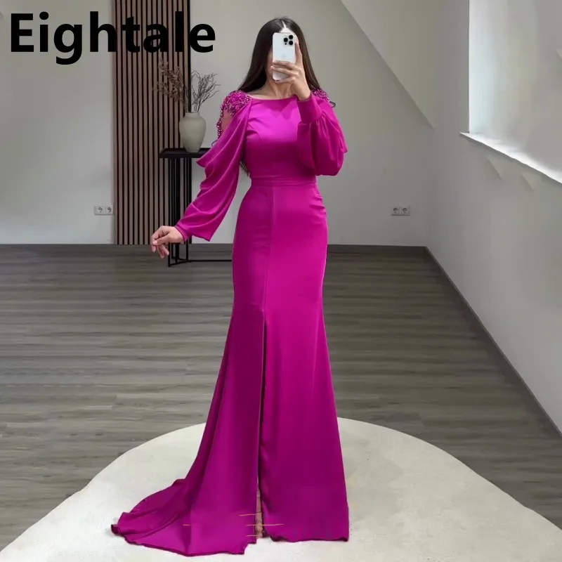 

Eightale Fuchsia Chiffon Mermaid Evening Dress Long Puff Sleeves Sexy Slit Custom Made Plus Size Arabic Formal Prom Party Gown