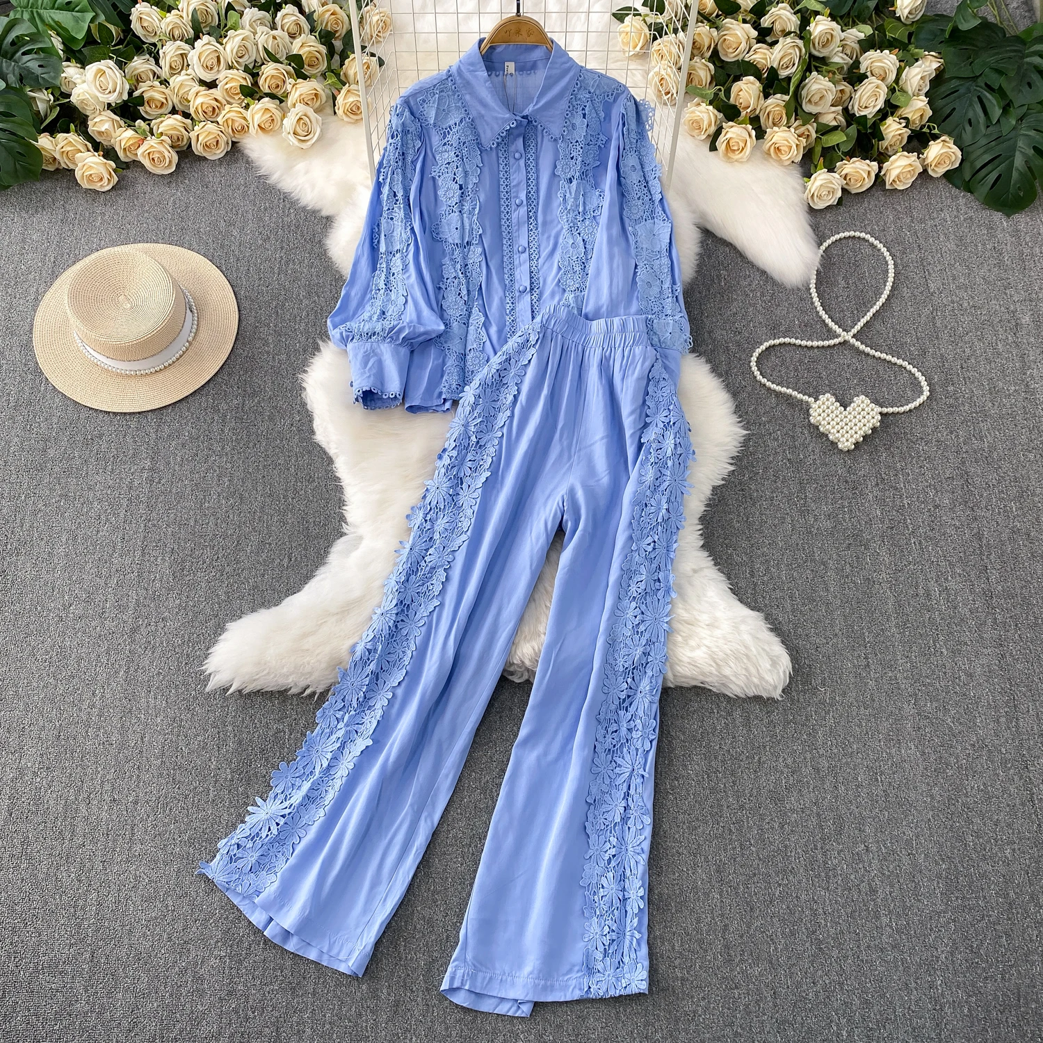 

Women Lace Patchwork Pants Set Single Breasted Long Sleeved Shirt Elastic Waisted Trousers Suit Summer Female 2 pieces Sets