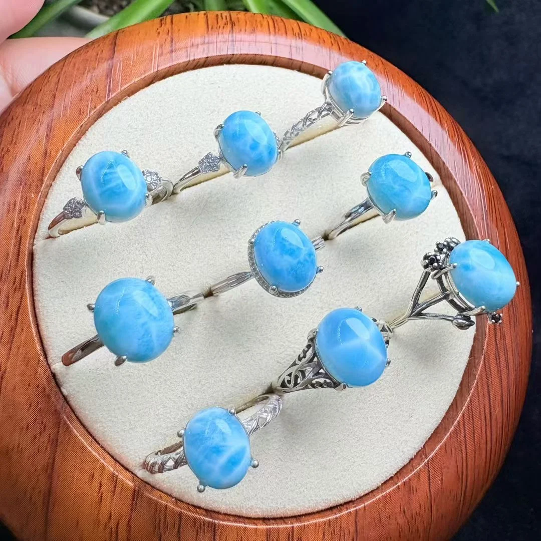 1 Pc Fengbaowu Natural Dominican Republic Larimar Oval Cabochon Ring 925 Sterling Silver Reiki Healing Stone Jewelry Gift Women