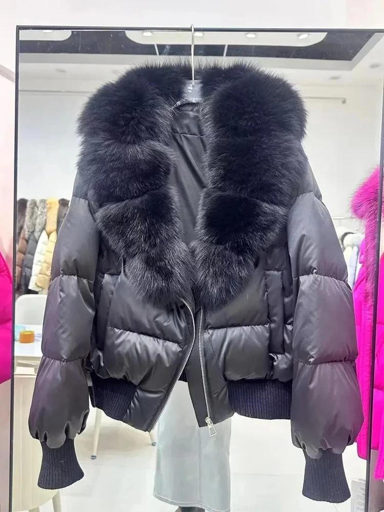 Elegante collo in pelliccia di volpe naturale invernale in vera pelliccia calda piumino d'anatra bianco spesso piumino corto capispalla piumino da donna