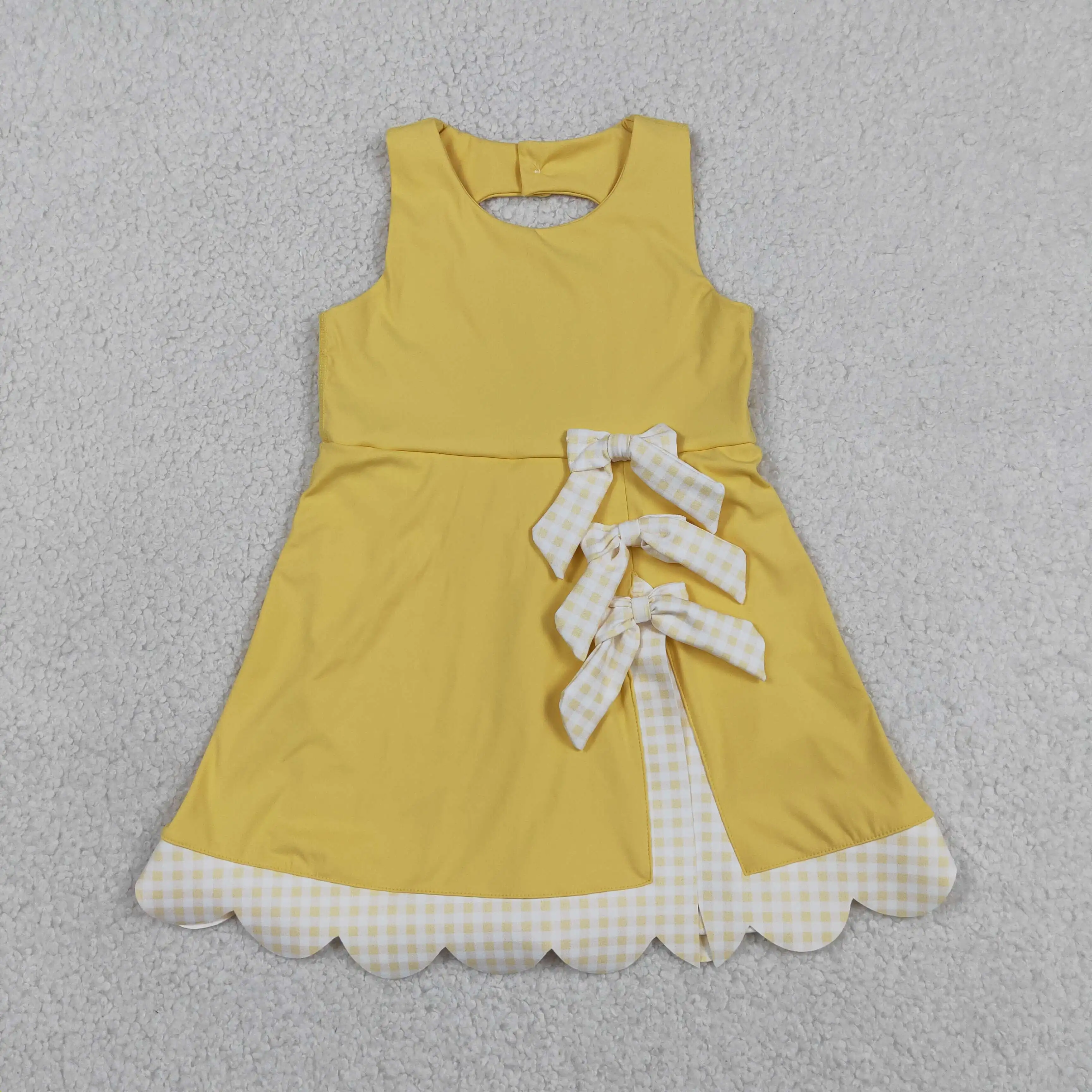 Baby Yoga Clothing - 卸売幼児用スカートショーツ、幼児用スコート、ヨガ用ノースリーブフリルドレス、黄色の格子柄のリボン付き服、女児用アクティブウェア