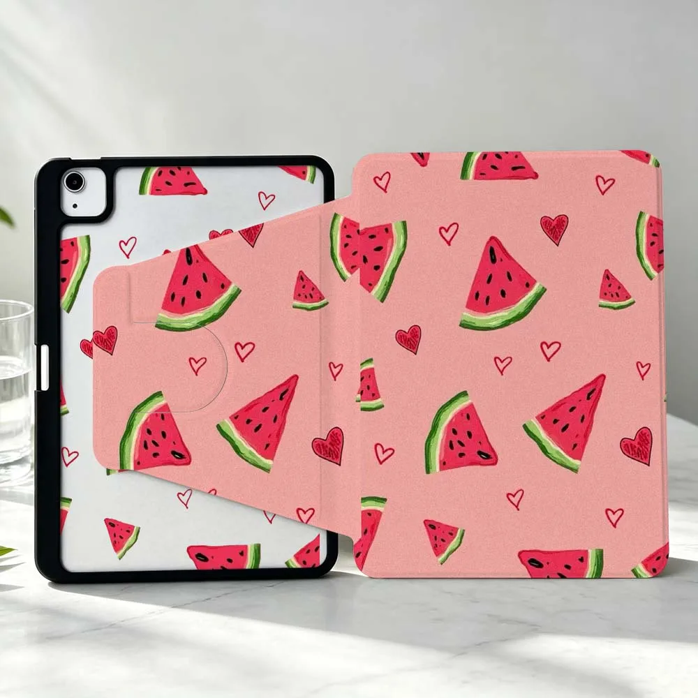Cartoon Heart Watermelon For iPad Pro Air mini 6 5 4 12th M5 M4 M3 M2 A16 A17Pro 360° Rotation Stylus Storage Tablet Case