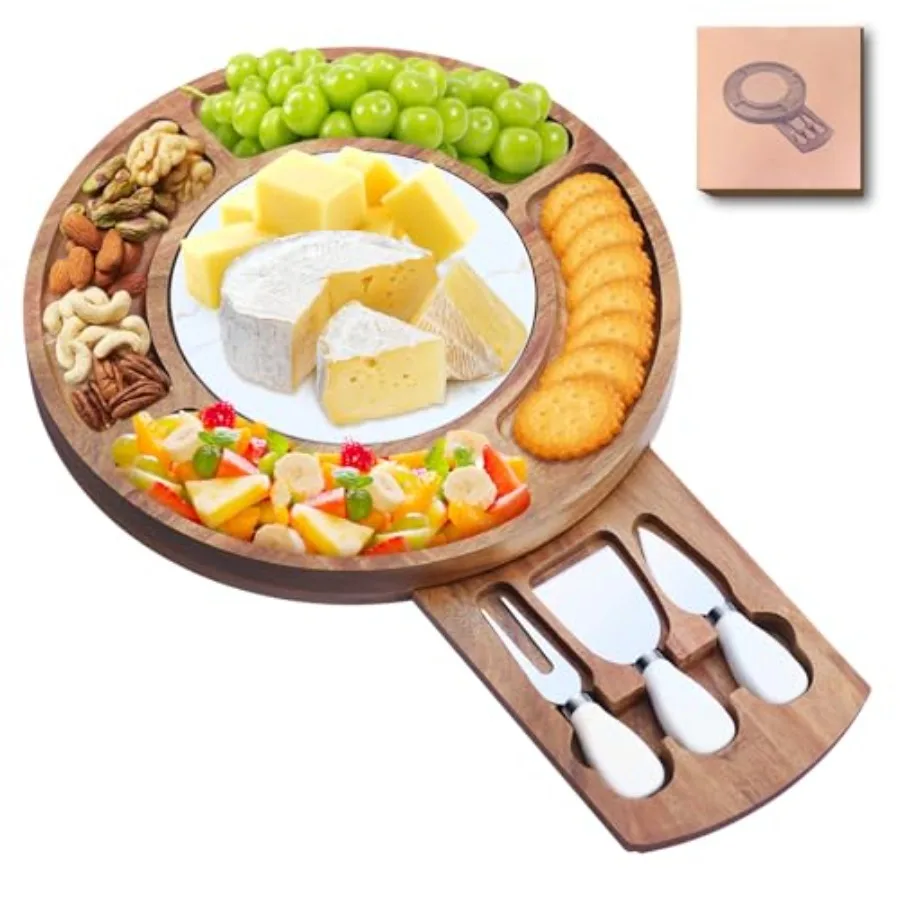 

13.5" Round Acacia Wood Cheese and Charcuterie Board Set with Slate Chiller Hidden Drawer and 420 Stainless Steel Knives/Forks