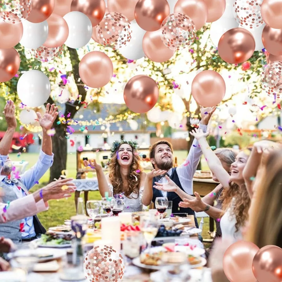 بالونات قصاصات ذهبية وردية 50 عبوة من بالونات اللاتكس باللونين الأبيض والذهبي الوردي مقاس 12 بوصة مع شريط ذهبي وردي بطول 33 قدم لحفلات أعياد الميلاد #5