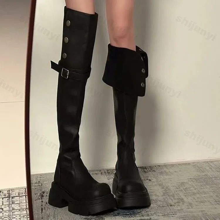 New 2025 Autumn Winter Platform Women Over The Knee High Boots Fashion Buckle Slip on Thick High Heel Casual Long Botas De Mujer