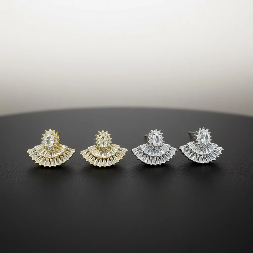 Fan‑Shaped Zircon Stud Earrings Oval Halo Top Double‑Layer Skirt Radiant Design Two‑Tone Women Sparkling Daily Fashion Jewelry