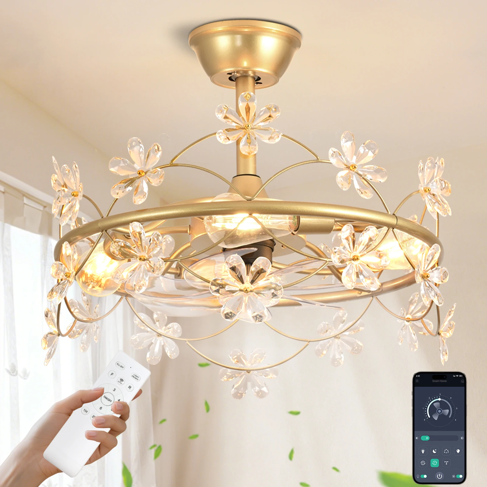 

Bedroom Ceiling Fan with Lights: 20" Gold Chandelier Small Fan with Remote Control - Modern Flower Fandelier for Girl's Bedroom