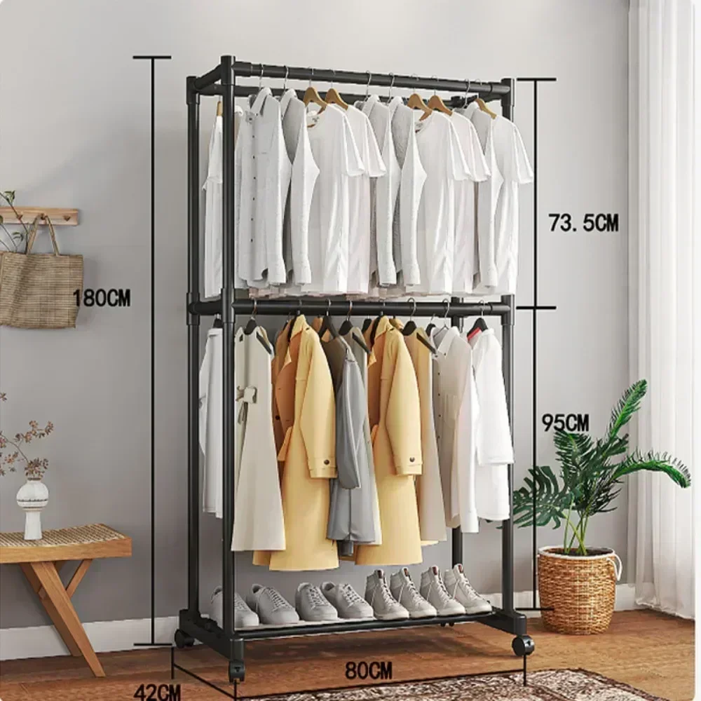 Bipolar Coat and Hat Rack with Wheels, 2-Layer Hanging Pole and Bottom Storage Hanger, Iron Modern Bedroom Floor Standing