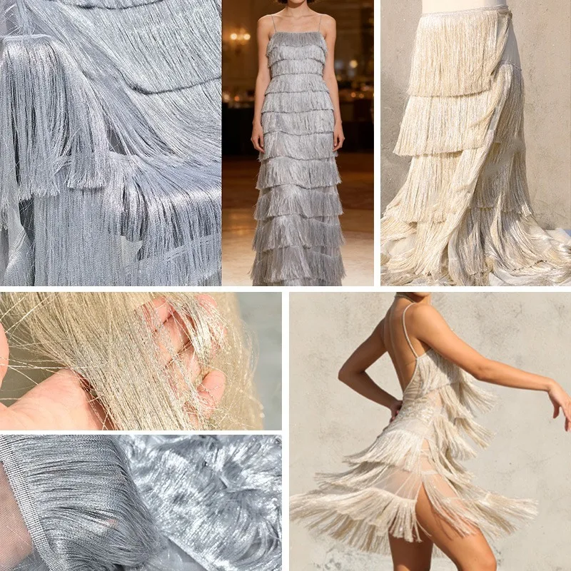 

50x147cm 9-Layer Tassel Embroidered Mesh Fabric High-Density Long Fringe Tulle Fabric Sewing Stage Performance Dancewear Dress