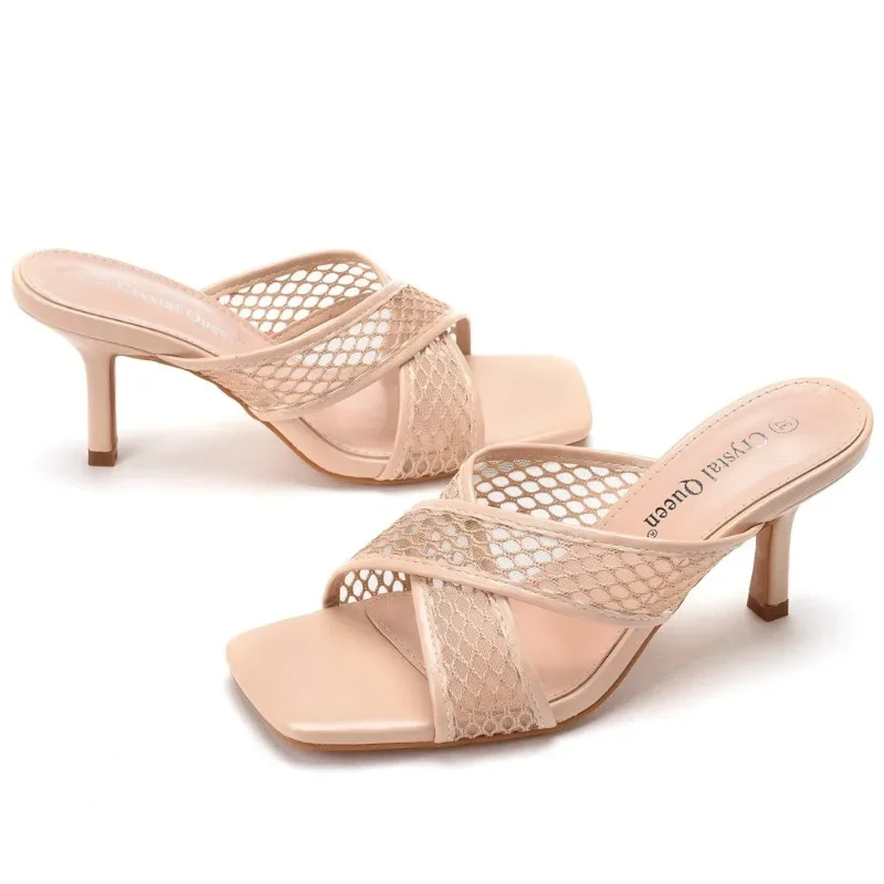 Wedding Party Sandals Women Casual Shoes Wine Glass And Slip On Air Mesh 7CM Thin Heels Peep Toe Mature Women Shoes Apricot