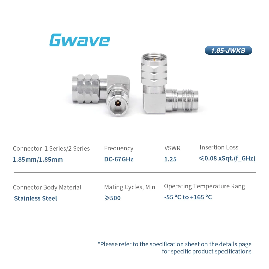 High Frequency Millimeter Wave RF Adapter 1.85mm Male to 1.85mm Female with Right Angle Stainless Steel DC-67GHz