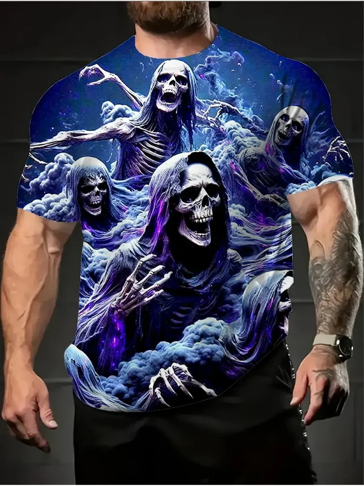 Gotischer Stil Herren T-Shirt mit Totenkopf-Aufdruck im Mist Grim Reaper Design Vintage Street Style Herren Streetwear Sommer Casual Oberteile