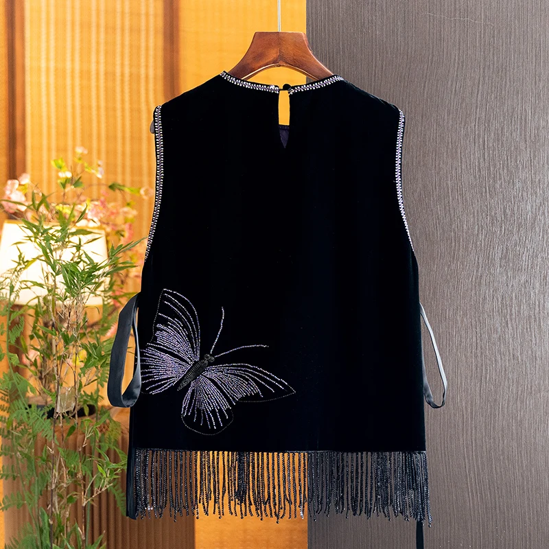 New Chinese-Style Silk Velvet Vest for Women, 2026 Autumn New Collection, Heavily Beaded with Butterfly Tassels, Layered Vest
