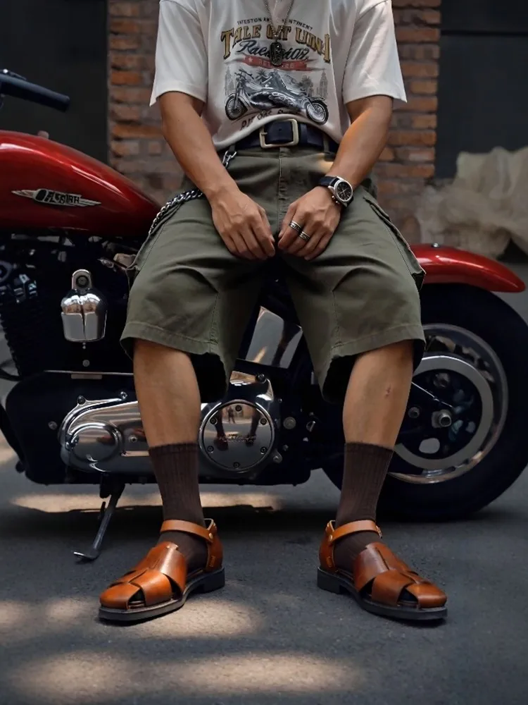 Handmade Mens Retro Classic Cowhide Genuine Leather Sandal Summer Causal Shoes Buckle Round Toe Hollow Out Gladiator Sandals