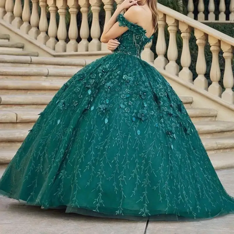 Messicano Vestido De 15 Anos verde smeraldo Abiti Quinceanera Appliques di pizzo perline di fiori corsetto dolce 16 vestito Abiti Da Cerimoni