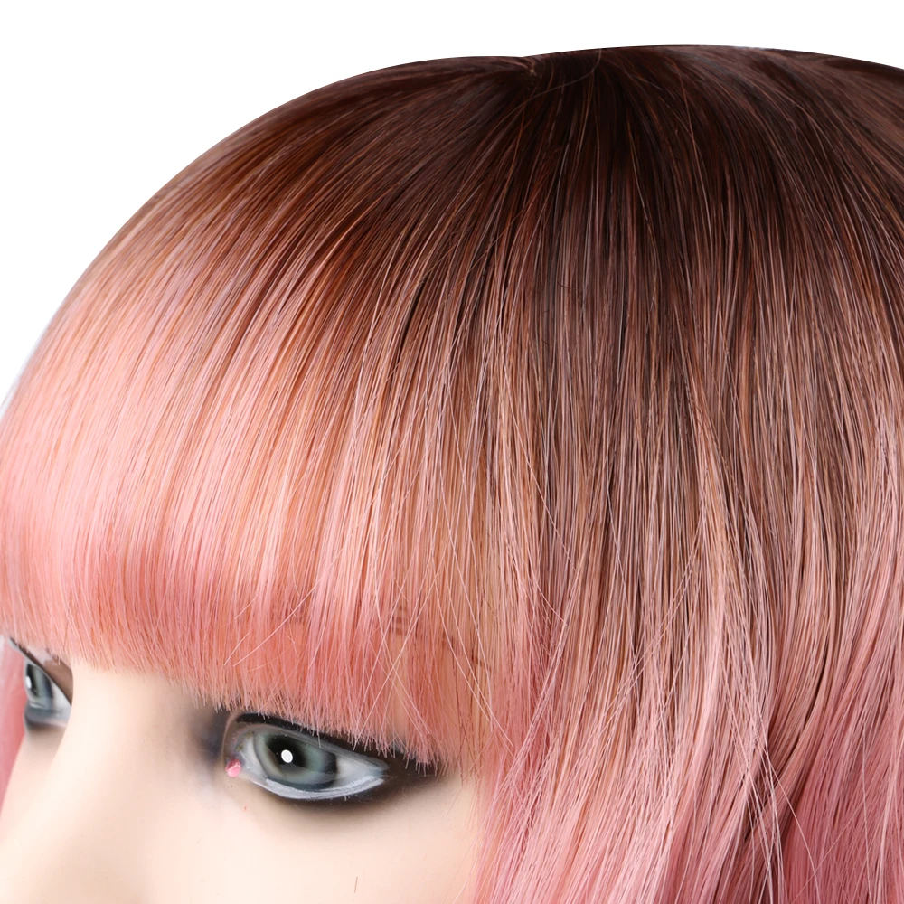 짧은 자연스러운 웨이브 가발 바디 웨이브 밥 가발 앞머리 여성용 내열 핑크 합성 밥 가발 어깨 길이