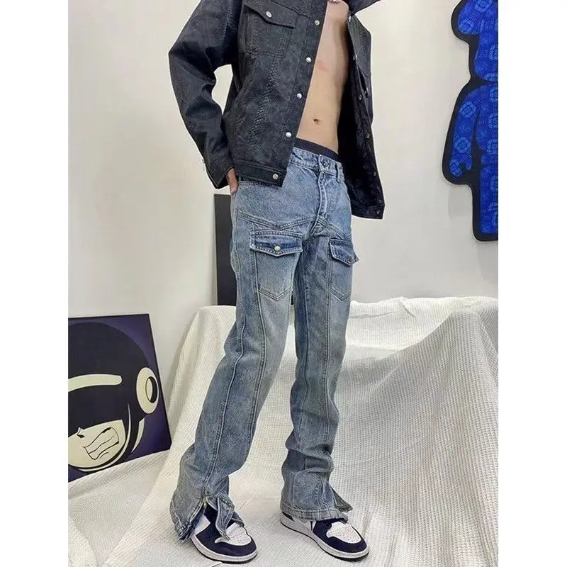 

High Street Men's Designer Jeans High Quality Trousers Loose Fit and Flared Zipper Leg Street Style Workwear Washed Trousers